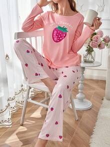 女士140g牛奶丝数码印花睡衣套装 - 粉色 - 查看 4