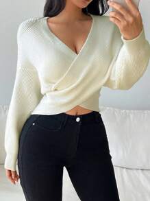 Chiquease Sweter oversize z wiązaniem z przodu, swobodny, dzianinowy, jesień/zima - Biały - Zobacz 4