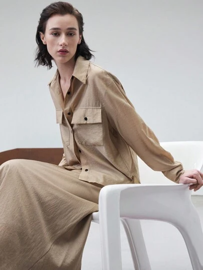 Ontre 女士卡其色宽松半透明优雅商务衬衫和长裙两件套西装套装，秋冬，羊毛 9% 2 件套