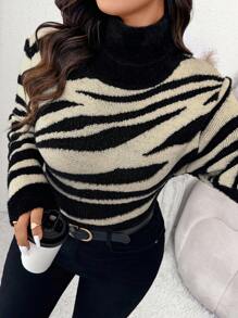 CosyJoli Suéter de cuello alto ajustado con estampado de cebra de piel sintética de visón para tallas grandes en otoño/invierno - Multicolor - Ver 5