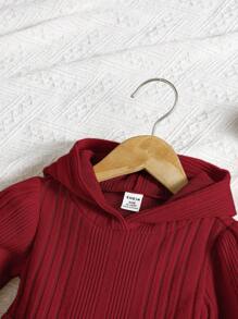 SHEIN 2 件套女婴纯色休闲针织弹力连帽上衣和裤子套装，秋冬 - 酒紅色 - 查看 7