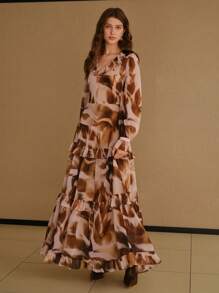 MOTF STUDIO Vestido sin corsé de gasa con estampado integral, escote en V, mangas acampanadas y ribete de volantes