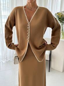 EURMUSE Cardigan Handmade Stitch Pant Knit Set - Beige - View 2