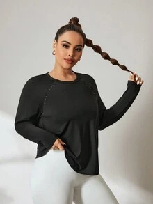 Easithlete 1 chiếc áo thun nữ cổ tròn tay dài màu trơn cỡ lớn, thiết kế đơn giản để mặc hàng ngày - màu đen - Xem 3