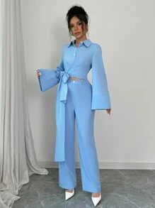 Elenzga 2 件套女士休闲纯色喇叭袖打结腰衬衫和裤子套装，秋季 - 藍色 - 查看 3