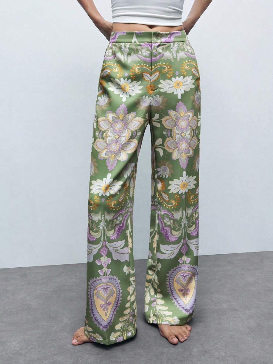 SHEIN X LOS FAVORITOS DE ANA GONZALEZ Maija Digital Print Green Single-Breasted Women's Pants, Suitable For Spring/Summer Vacation, Casual, St. Patrick's Day, Easter, Chinese New Year, Music Festivals