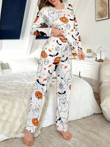Conjunto de pijama con capucha de manga larga con estampado de calabaza de Halloween, ropa de otoño - Multicolor - Ver 4