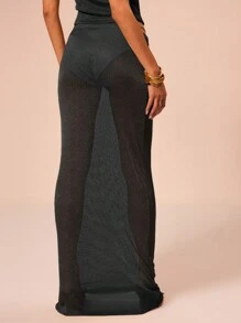 MUSERA Falda maxi elegante de punto, de tela transparente y cintura baja, para primavera y verano, con diseño sexy