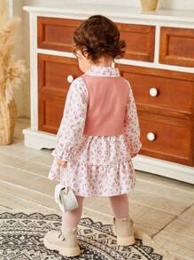 SHEIN 2 pezzi/Set Elegante e Carino Outfit Per Bambine con Gilet in Finta Pelle e Vestito Camicia con Stampa Leopardata, Tessuto Morbido e Confortevole, Adatto Per Uscite - Rosa - Visualizzare 2