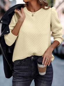 SHEIN LUNE Casual Solid Color Textured Puff Sleeve Sweatshirt, Autumn/Winter