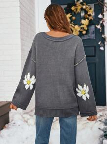 SHEIN VCAY Women Floral Pattern V-Neck Drop Shoulder Long Sleeve Sweater, Autumn/Winter,Thanksgiving , Valentine's Day Tops,FALL/Winter,Christmas Pajamas Family,Christmas Women Clothes,FW24,Christmas Sweater - Grey - View 2