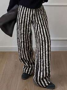 DAZY 条纹休闲直筒裤，女士百搭长裤，秋装 - 黑與白 - 查看 1