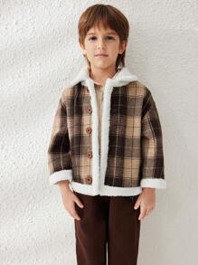 Blossori Camisa de manga larga sencilla con cierre de botones en la parte delantera y parches de peluche para niño joven - Marrón - Ver 3