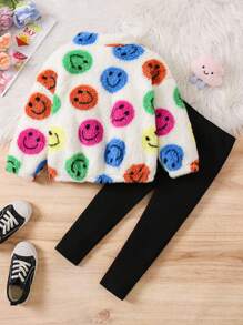 SHEIN 2 pièces/ensemble Haut en polaire réversible surdimensionné et ensemble de pantalon pour jeunes filles, convient pour le port casual en automne et hiver - Multicolore - Voir 3