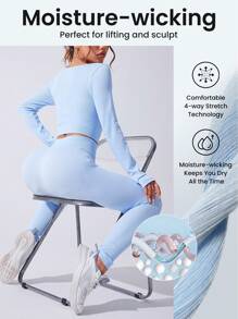 SHEIN Sovereign Charm 女士纯色长袖罗纹 T 恤和紧身裤无缝弹力运动服套装女士健身套装女士紧身裤套装 - 淺藍色 - 查看 5