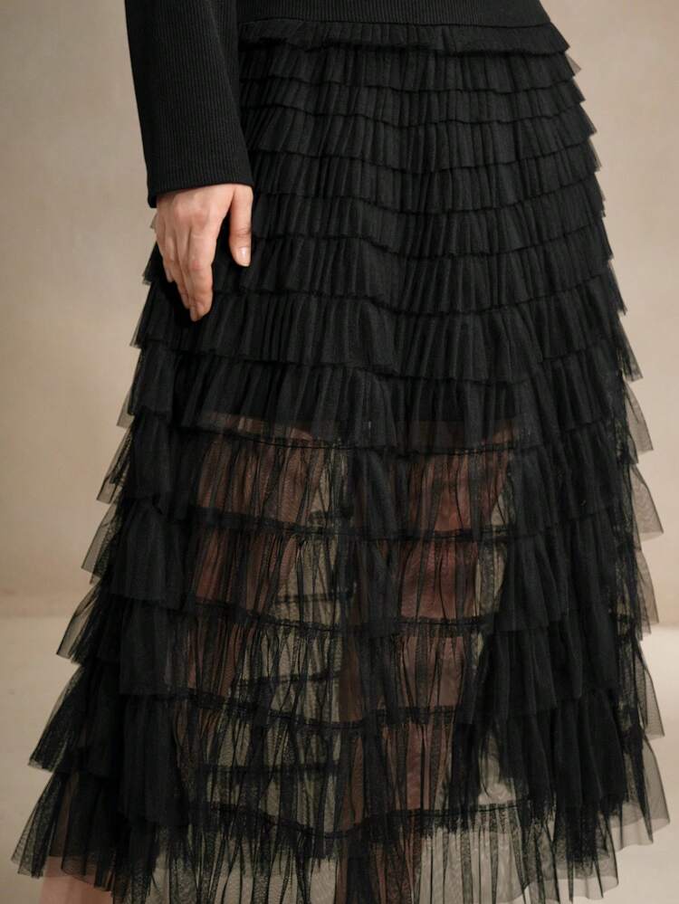 Plus Size Women Black Knit Splicing Mesh Skirt Dress, Slimming Effect Maxi Women Outfit