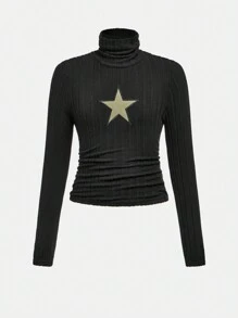 Tween Girls Casual Fuzzy Ribbed Turtleneck Patched Star T-Shirt And Relaxed Cargo Pants Set In Military Green - Army Green - View 7