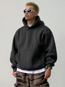 DAZY 纯色长袖连帽衫，带口袋，适合秋冬日常休闲穿着 - 灰色 - 查看 1