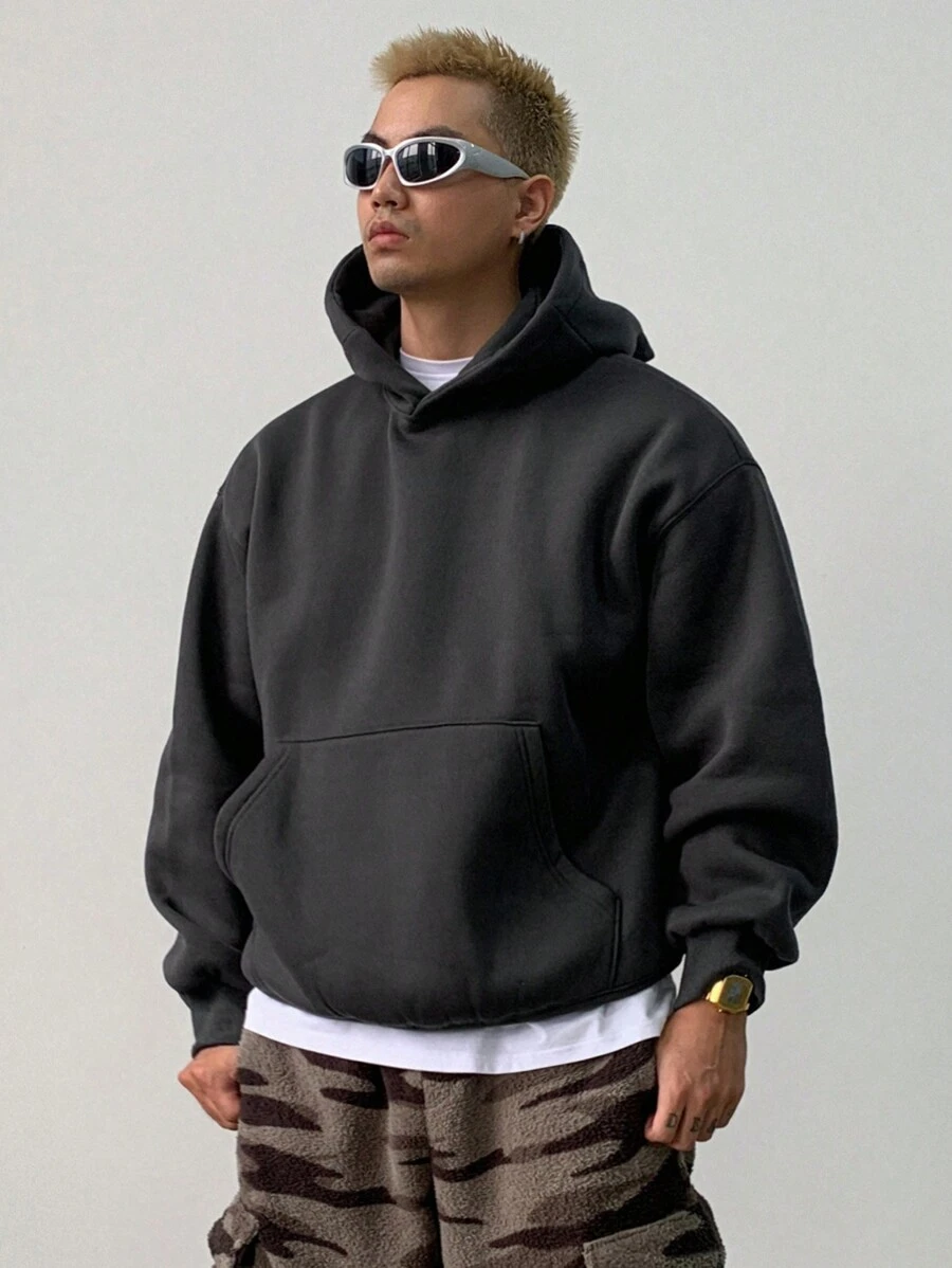 DAZY 纯色长袖连帽衫，带口袋，适合秋冬日常休闲穿着 - 灰色 - 查看 1