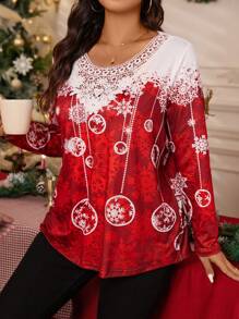 SHEIN LUNE Plus Size Fashion Versatile Colorblock Snowflake Print Collar Splice Lace Trim T-Shirt, Layering Or Standalone Design, Fits Halloween, Christmas, New Year, Valentine's Day, Thanksgiving Party
