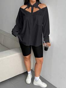 Flirla Plus Size Women Minimalist Style Long Sleeve Blouse, Multifunctional Hollow Fake Collar Top With Button Front And Open Shoulder Design Women Shirt