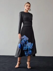 MOTF PREMIUM FLORAL PRINT RUCHED WAIST FLARE HEM DRESS - Multicolor - View 2