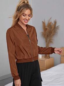 SHEIN Essnce Casual Ribbed Patchwork Zipper Short Jacket, Autumn