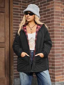 SHEIN EZwear Chaqueta casual con capucha, bolsillos y cremallera frontal, de manga larga, minimalista, talla grande para invierno
