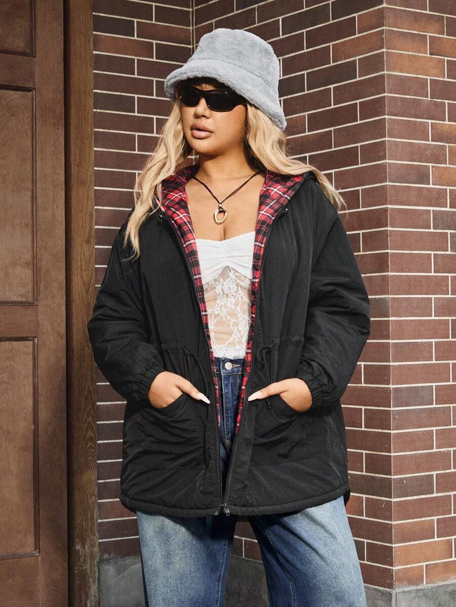 SHEIN EZwear Plus Size Winter Front Zipper Long Sleeve Pocket Minimalist Hooded Casual Jacket - Black - View 1