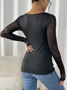 Chiquease Sexy Casual Fitted Round Neck Long Sleeve T-Shirt With Transparent Mesh Splice, Foil Glitter Decor For Spring Outfit Fall Cloth For Women