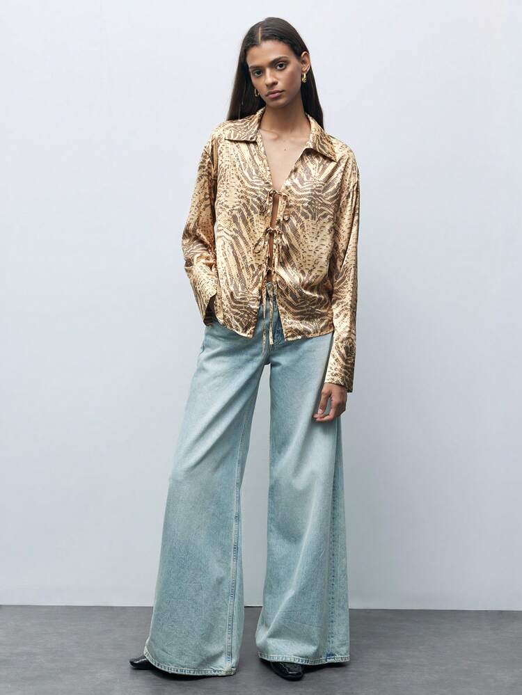 SHEIN Maija Women's Zebra Print Long Sleeve Tie Front Loose Blouse, Autumn