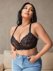 DesireSculpt Plus Size Lace Elegant Supportive & Up Lift Underwire Bra, Comfortable See-Through Design, Single Pack Lingerie - Black - View 5
