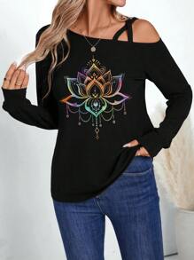 SHEIN LUNE 1 chiếc áo thun dài tay thường ngày họa tiết hoa sen nhiều màu cổ điển dành cho nữ, tay rộng có cổ, mùa xuân/hè - màu đen - Xem 1