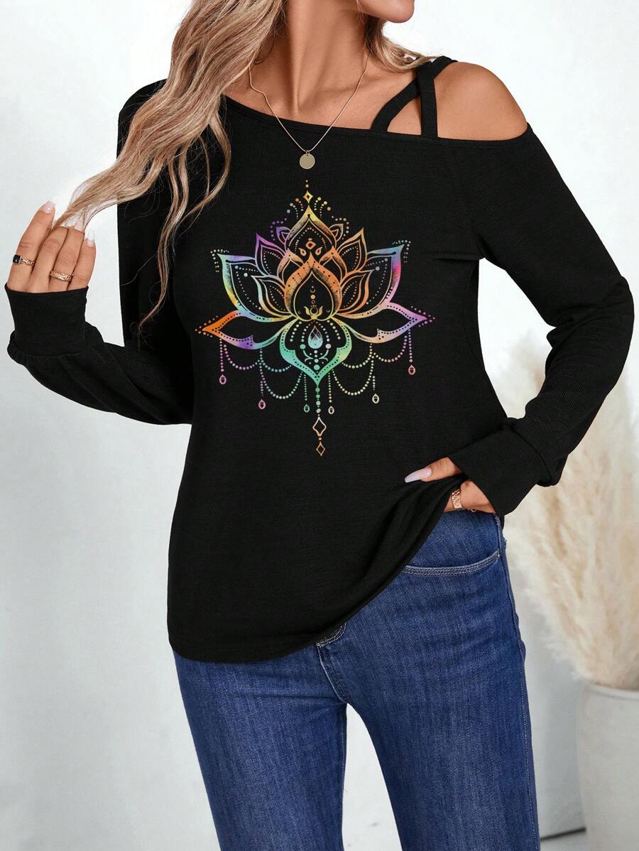 SHEIN LUNE 1 chiếc áo thun dài tay thường ngày họa tiết hoa sen nhiều màu cổ điển dành cho nữ, tay rộng có cổ, mùa xuân/hè - màu đen - Xem 1