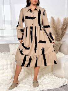SHEIN Frenchy Plus Size Casual Geometric Print Shirt Collar A-Line Cake Dress