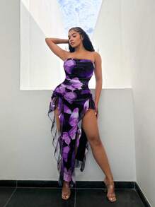 SHEIN SXY 夏季蝴蝶印花飘逸荷叶边露背高开叉紧身连衣裙度假装女装 - 紫色 - 查看 3