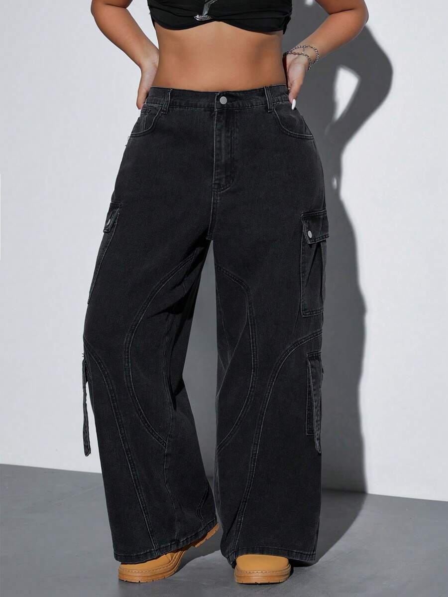 SHEIN ICON Plus Size Front Button Multiple Pockets Casual Denim Jeans, Everyday Wear - Black - View 1