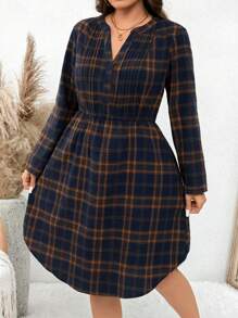 SHEIN LUNE Plus Size Women Plaid Print V-Neck Front Button Long Sleeve Dress Thanksgiving Outfit Women New Years Women Outfit Winter Dresses Winter Clothes Women Rave Outfits Christmas Dress Women Vacation Outfits Woman Vacation Dress, Western Wear Women