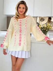 EURMUSE Women Hollow Out Ribbon Pattern Lantern Sleeve Chunky Pullover - White - View 5