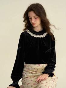 Simple Retro Women's Autumn And Winter Casual Small Collar Collision Splicing Black Retro Elegant Fit Long-Sleeved Shirt