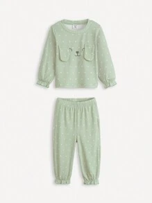 SHEIN 2 件装婴儿秋季圆领长袖休闲兔子印花上衣和波尔卡圆点长裤套装 - 彩色 - 查看 4