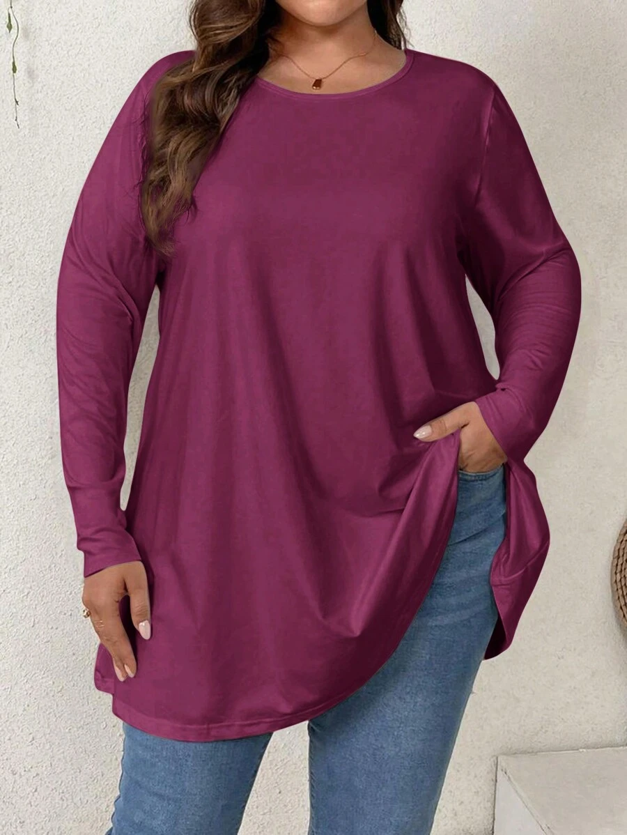 Firerie Plus Size Basic Loose Fit Drop Shoulder Round Neck Long Sleeve Solid Color Casual T-Shirt, Suitable For Home, Holiday, And Layering - Red Violet - View 1