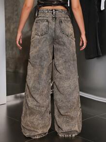 SHEIN 千禧年少女时尚复古水洗低腰褶皱阔腿牛仔裤，秋冬街头风 - 黑色 - 查看 2