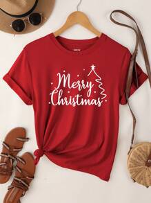 Chiquease Women's Christmas Happy Pattern Short Sleeve T-Shirt With Christmas Tree Print