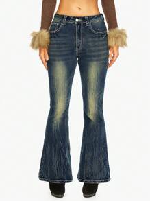 ROMWE J-Fashion Quần Jeans Nữ In Hình Trái Tim Pha Lê Cạp Thấp Phong Cách Harajuku Y2K Màu Tương Phản - Màu xanh lam - Xem 6