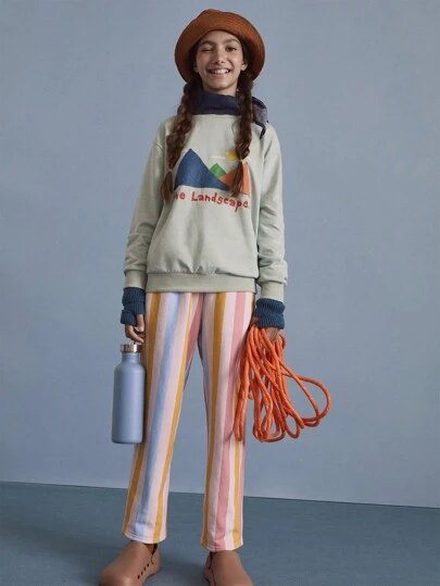 SHEIN Tween Girls Colorful Striped Knit Sweatshirt And Elastic Waist Straight Leg Pants 2-Piece Set, Autumn/Winter