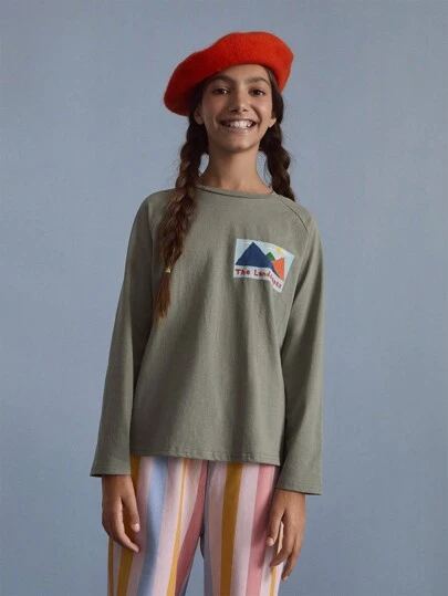 SHEIN Tween Girls Mountain Graphic Round Raglan Sleeve Casual Knit Pullover Sweatshirt For Everyday Outdoor Activities, Autumn/Winter