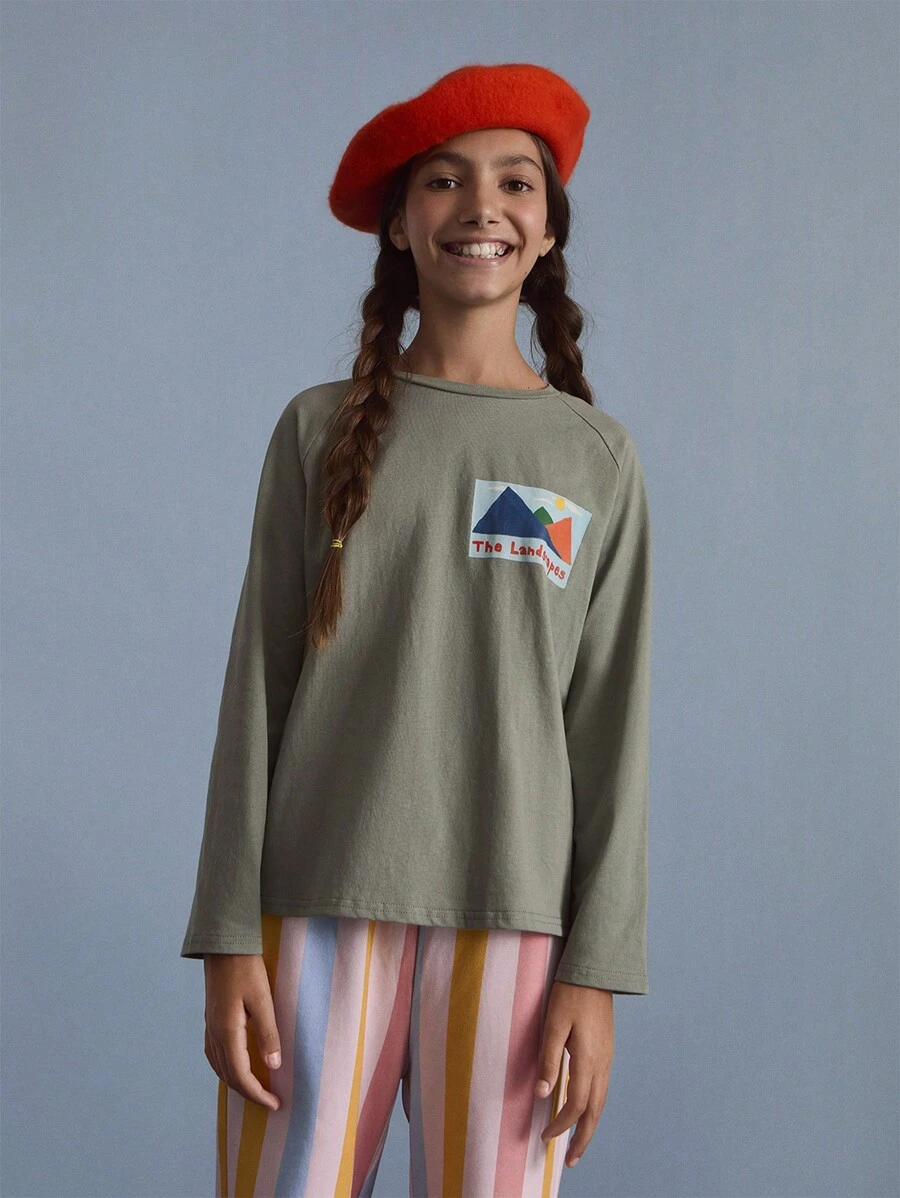 SHEIN Áo nỉ chui đầu dệt kim tay tròn họa tiết núi cho bé gái tuổi mới lớn dành cho các hoạt động ngoài trời hàng ngày, mùa thu/đông - màu xanh lá - Xem 1