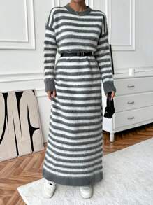 EURMUSE Casual Crew Neck Contrast Color Stripe Drop Shoulder Brushed Yarn Oversize Sweater Dress - Grey - View 6