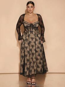SHEIN BAE Plus Size Women's Sweet & Sexy Party/Date Lace Cup Flounced Hem Pleated Mini Dress